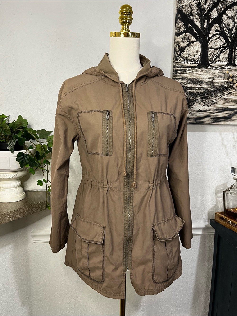 Simply Vera Vera Wang Hooded Utility Wind Breaker Jacket - Taupe Brown XS